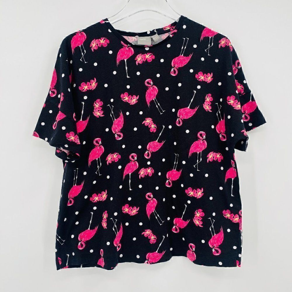 ASOS Size 6 Black & Pink Polka Dot Flamingo Boxy Short Sleeve Pajama Top